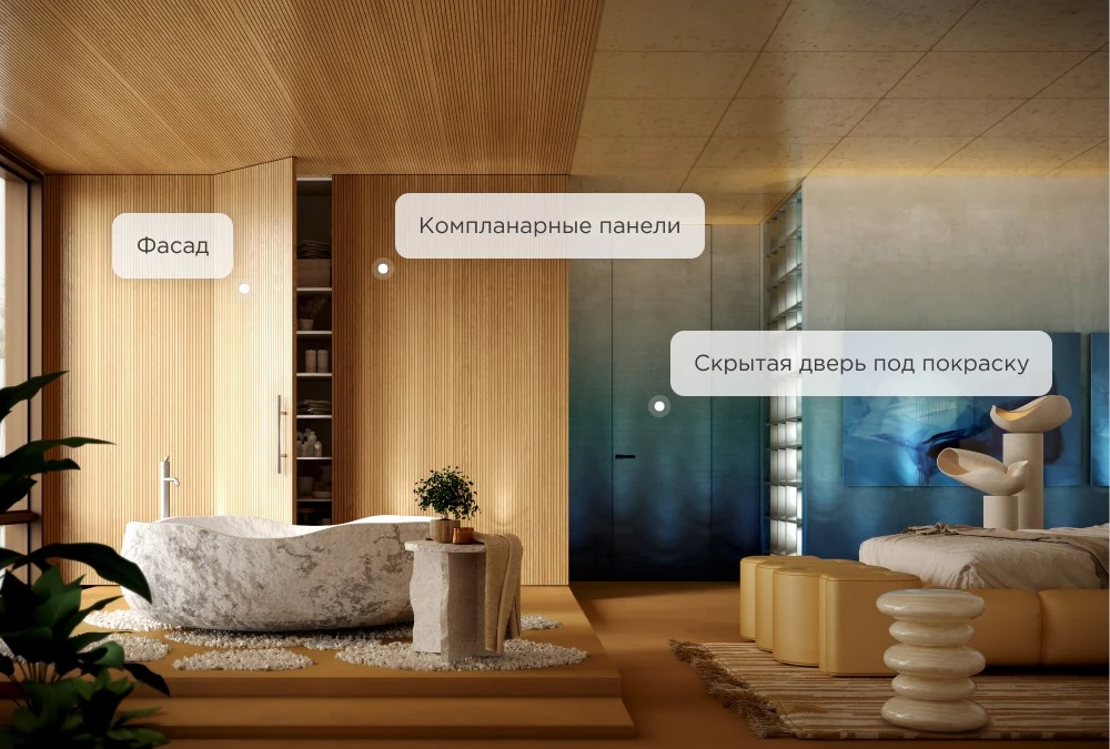 единое интерьерное решение с фасадами, панелями и скрытой дверью